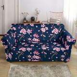 Pink Sakura Cherry Blossom Blue Background Loveseat Couch Slipcover