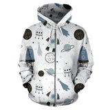 Hand Drawn Space Elements Space Rocket Star Planet Space Probe Zip Up Hoodie