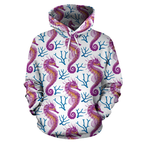 Purple Seahorse Blue Coral Pattern Men Women Pullover Hoodie