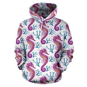 Purple Seahorse Blue Coral Pattern Men Women Pullover Hoodie
