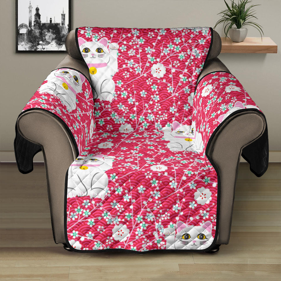 Maneki Neko Lucky Cat sakura pink background Recliner Cover Protector