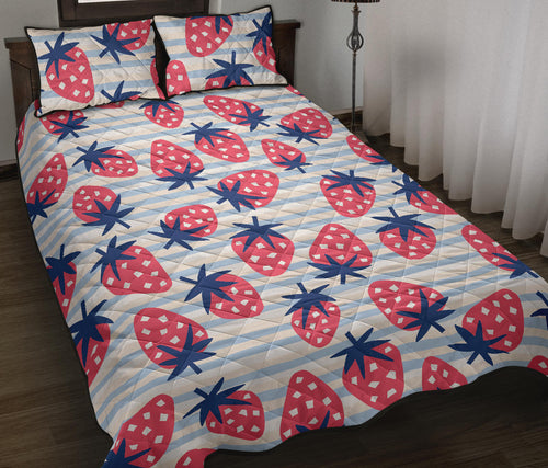 Strawberry pattern blue lines background Quilt Bed Set