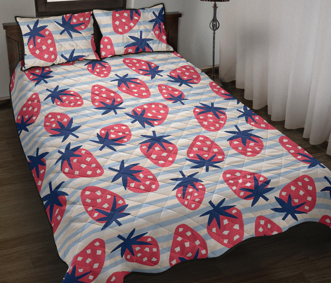 Strawberry pattern blue lines background Quilt Bed Set