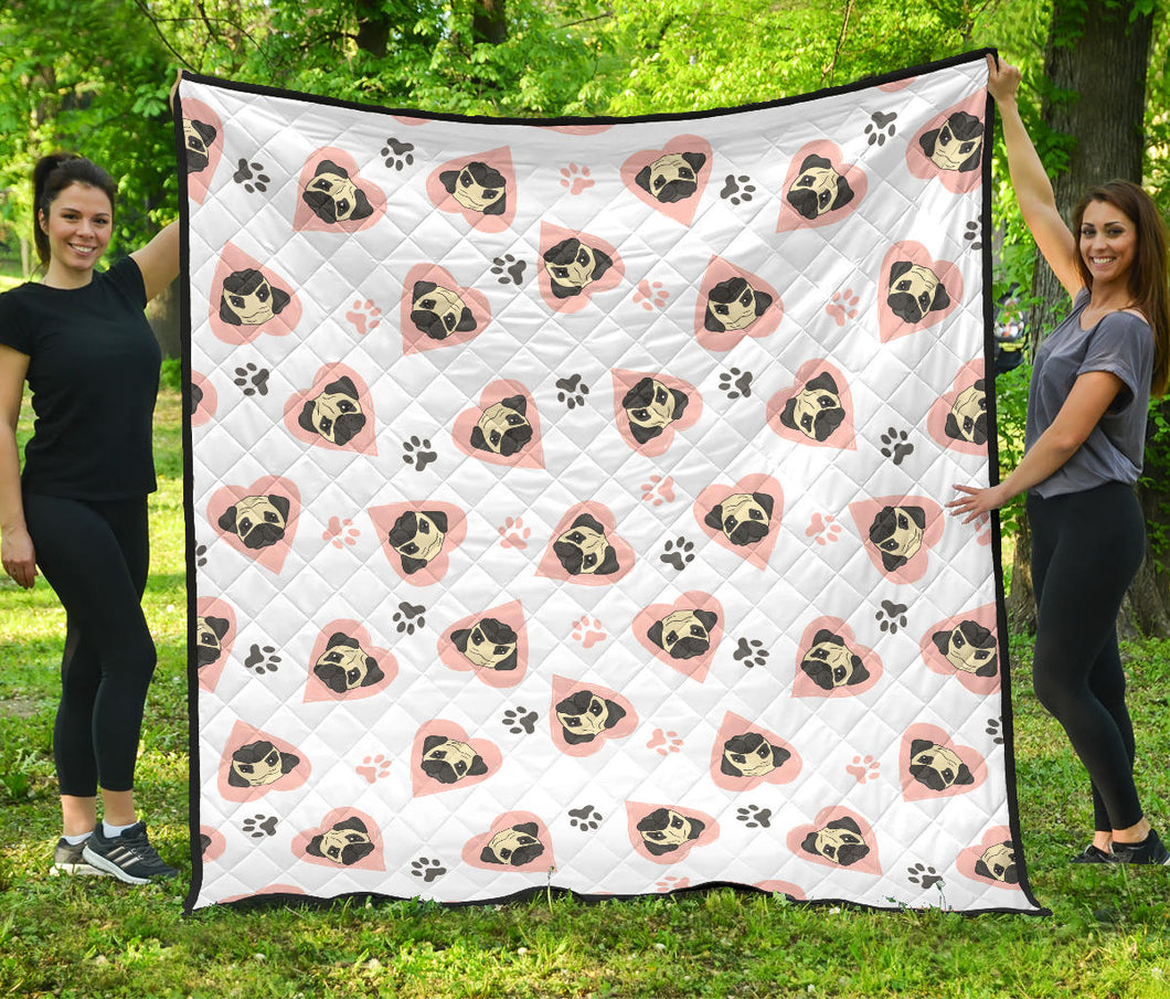 Cute Pugs Pink Heart Paw Pattern Premium Quilt