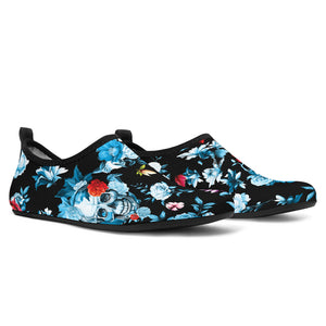 Skull Flower Roses Leave Pattern Aqua Shoes