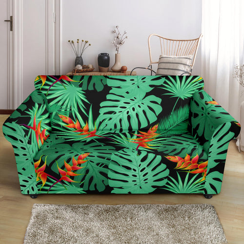 Heliconia Flower Palm Monstera Leaves Black Background Loveseat Couch Slipcover