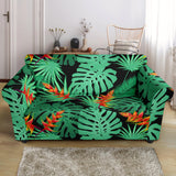 Heliconia Flower Palm Monstera Leaves Black Background Loveseat Couch Slipcover