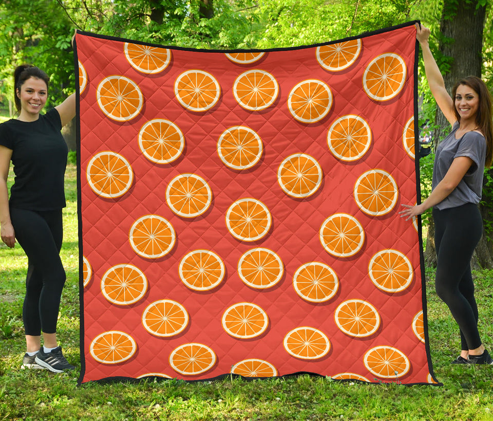 Oranges Pattern Red Background Premium Quilt