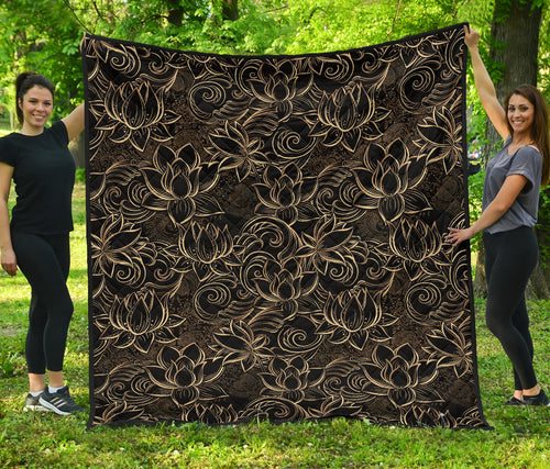 Luxurious Gold Lotus Waterlily Black Background Premium Quilt