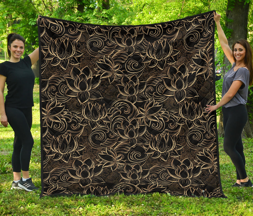 Luxurious Gold Lotus Waterlily Black Background Premium Quilt