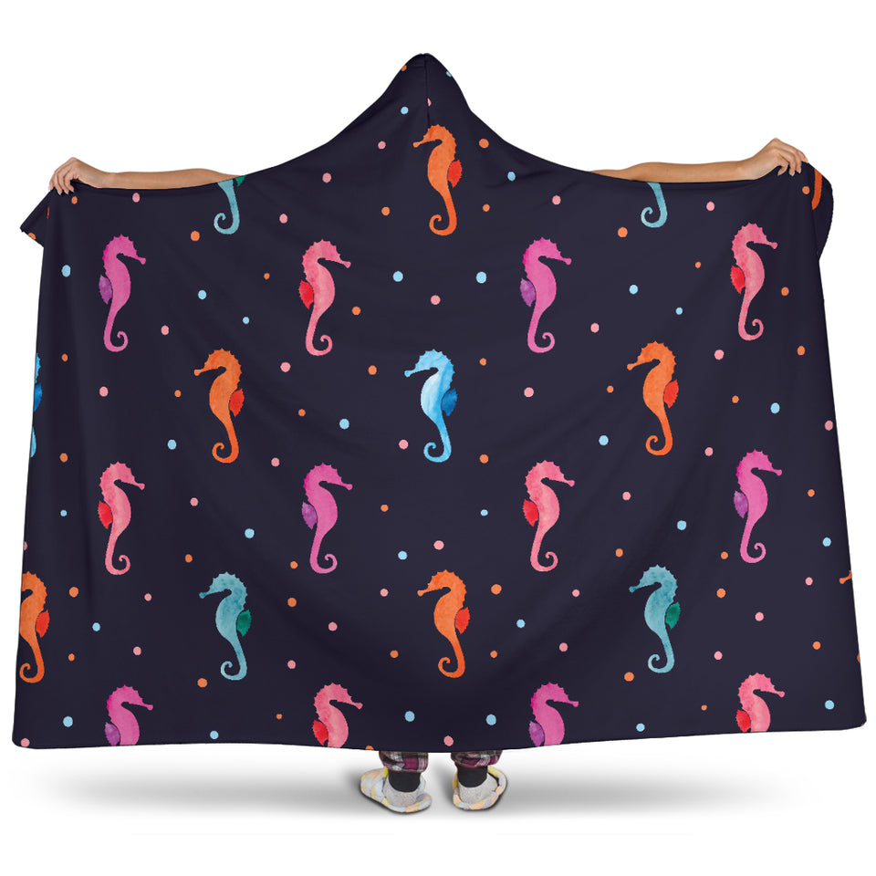 Watercolor Colorful Seahorse Pattern Hooded Blanket