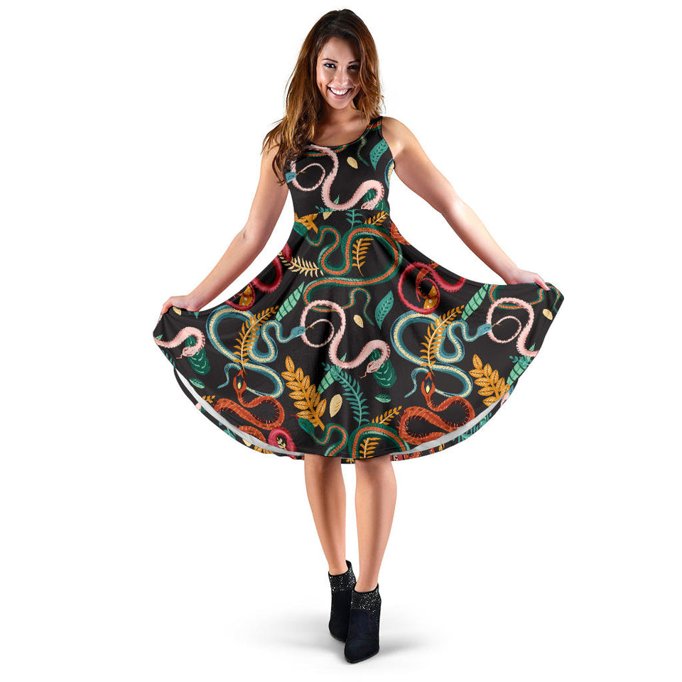 Colorful Snake Plant Pattern Sleeveless Midi Dress