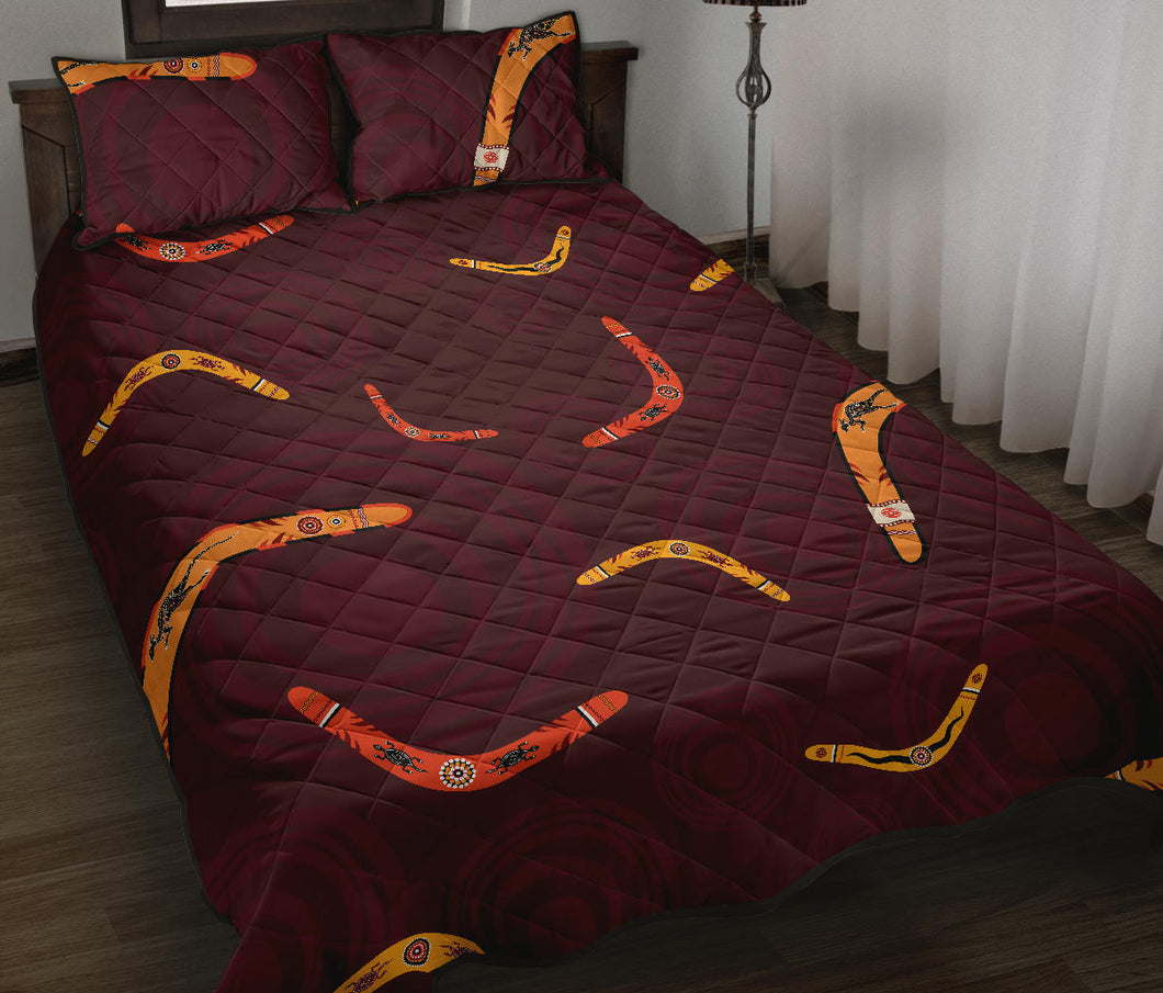 Boomerang Australian aboriginal ornament circle black background Quilt Bed Set