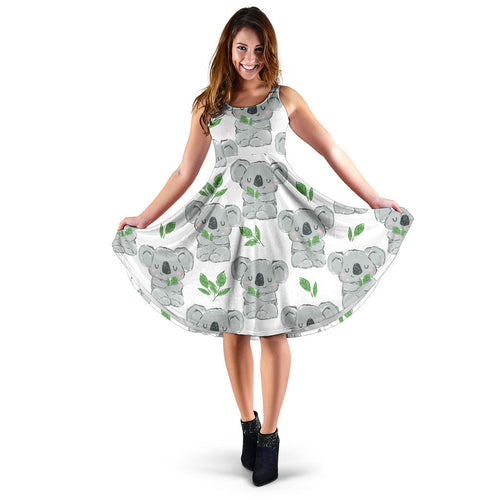 Hand Drawn Koala Leaves Pattern Sleeveless Midi Dress