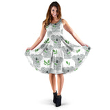 Hand Drawn Koala Leaves Pattern Sleeveless Midi Dress