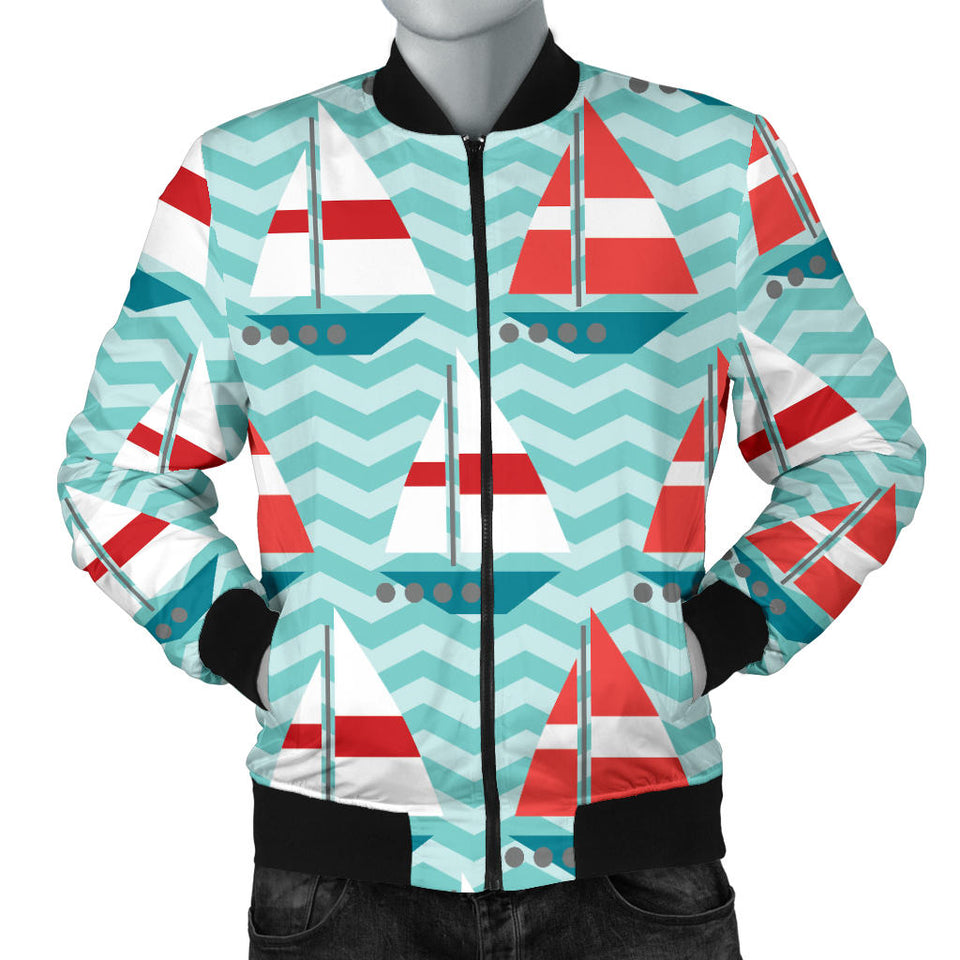 Red White Sailboat Wave Background Men'S Bomber Jacket