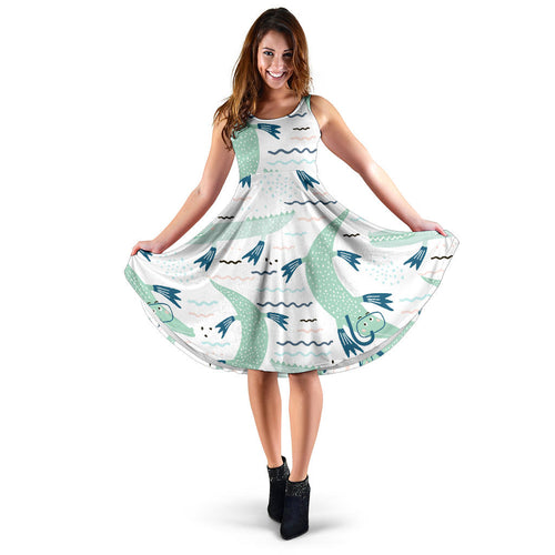 Crocodile Diver Pattern Sleeveless Midi Dress