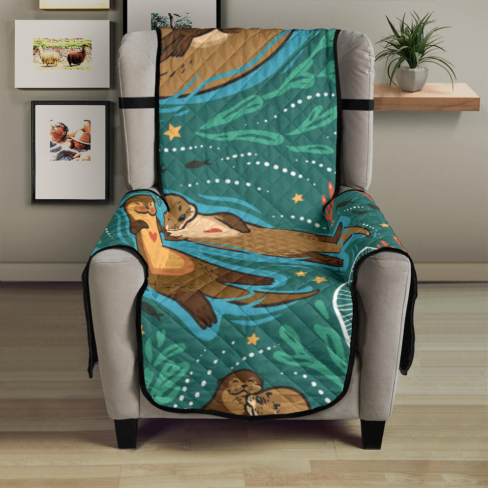 cute brown sea otters ornamental seaweed corals green water Chair Cover Protector