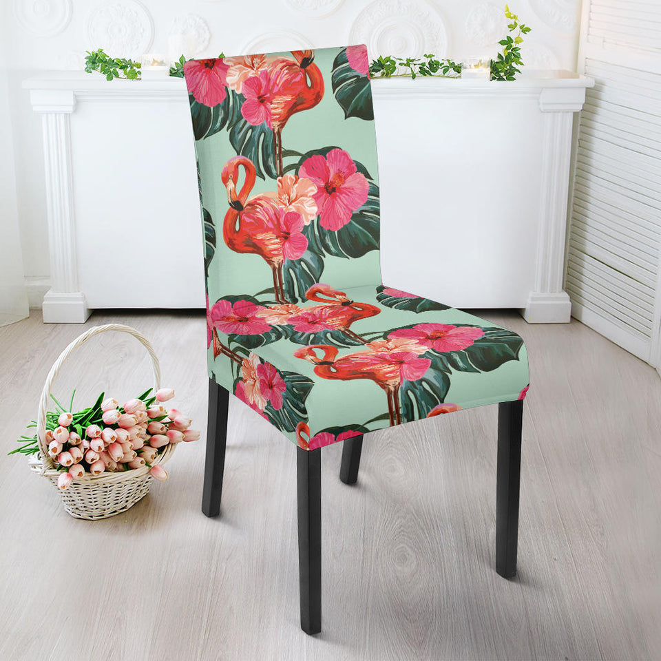 Beautiful Flamingo Tropical Palm Leaves Hibiscus Pateern Background Dining Chair Slipcover