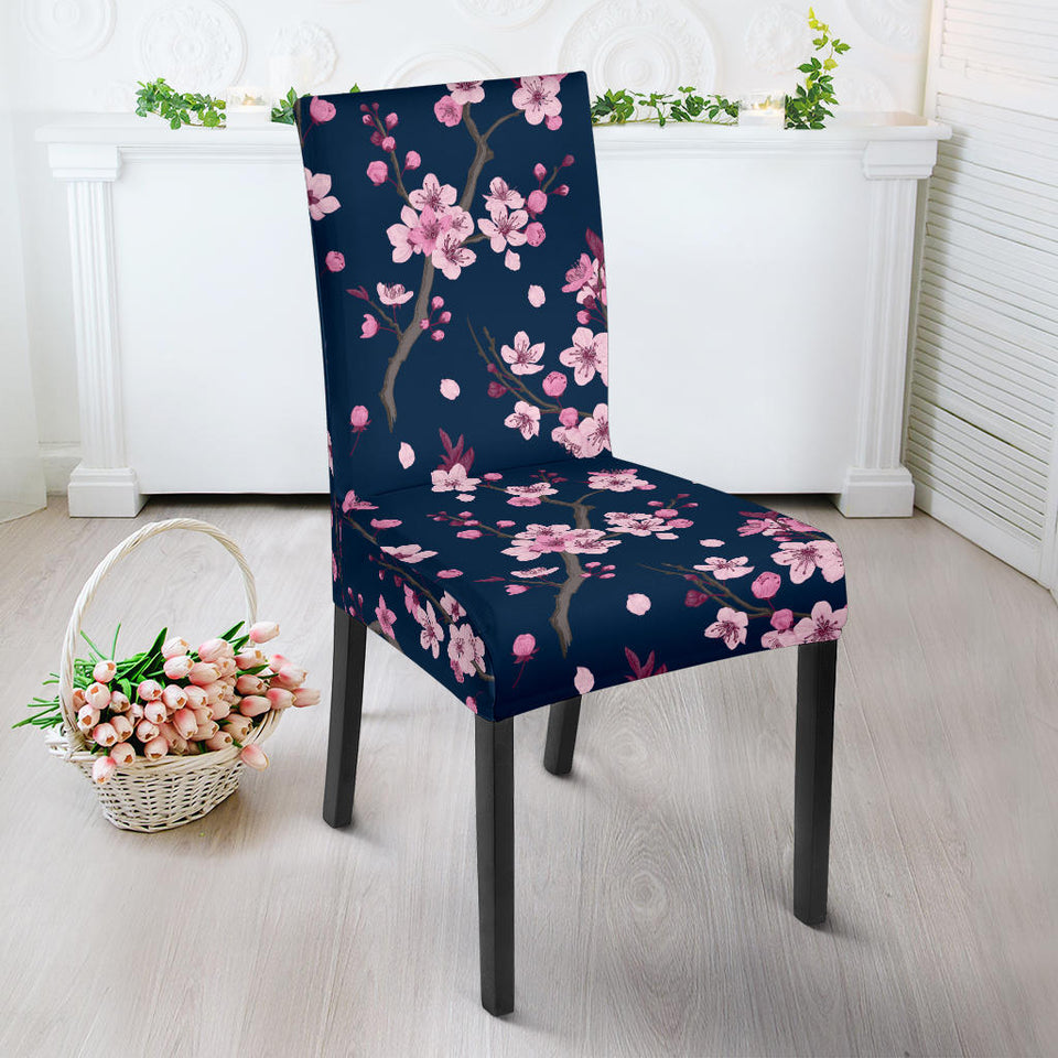 Pink Sakura Cherry Blossom Blue Background Dining Chair Slipcover