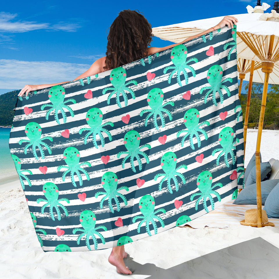 Cute Octopuses Heart Striped Background Sarong