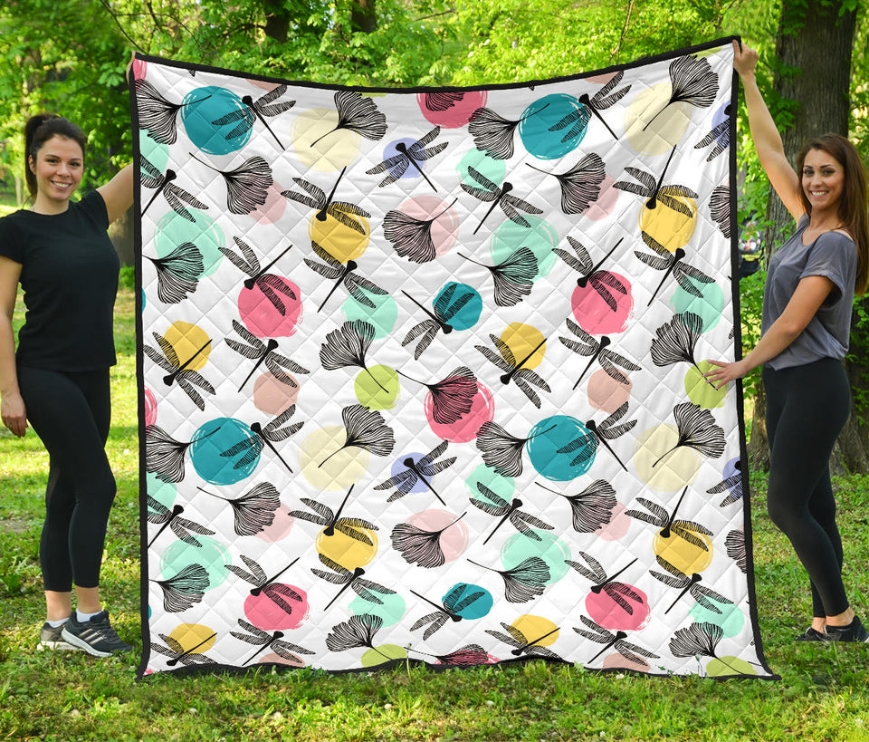 Dragonflies Ginkgo Leaves Pattern Premium Quilt