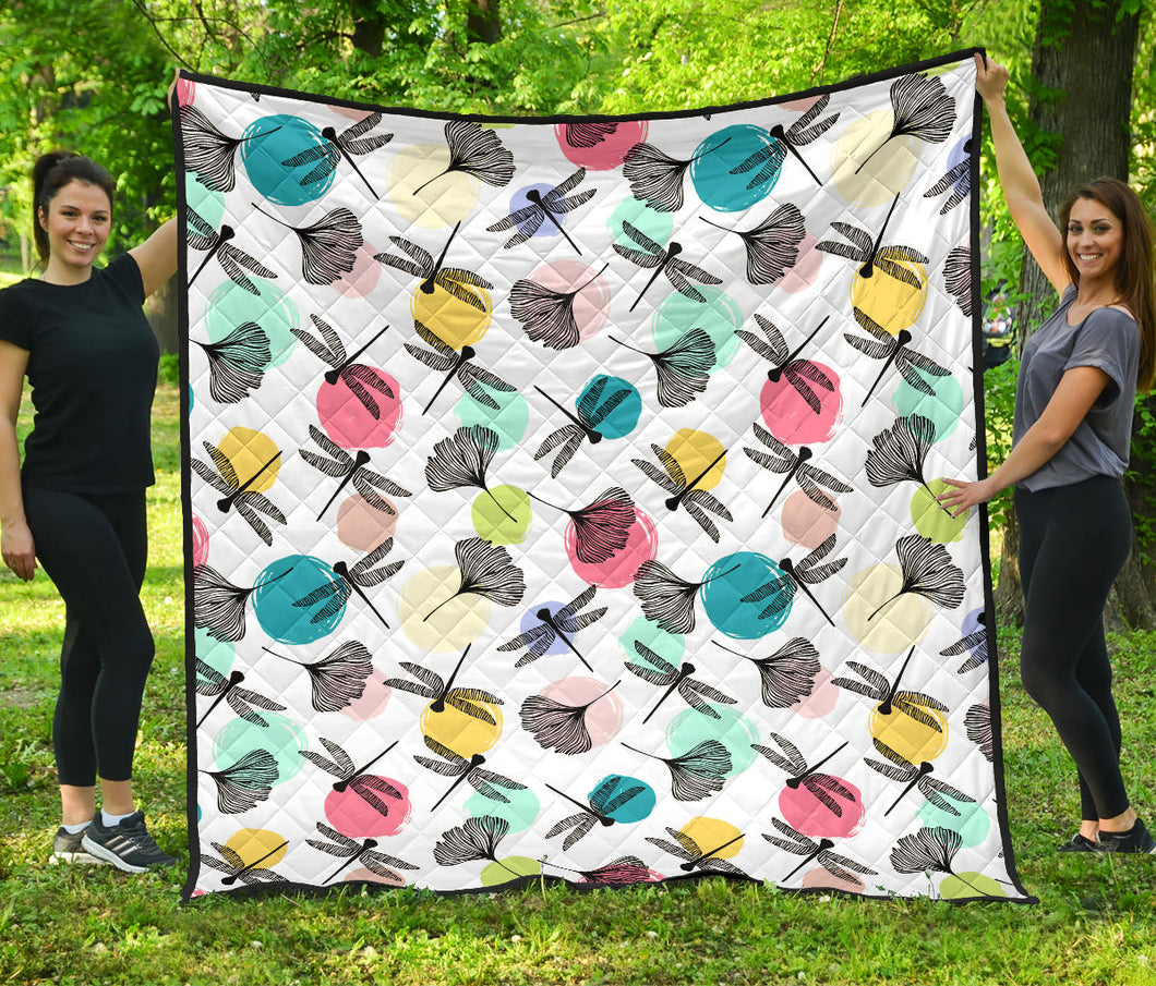 Dragonflies Ginkgo Leaves Pattern Premium Quilt