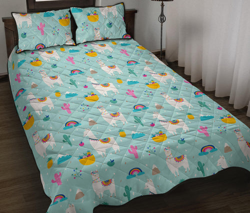 Llama alpaca cactus leaves pattern Quilt Bed Set