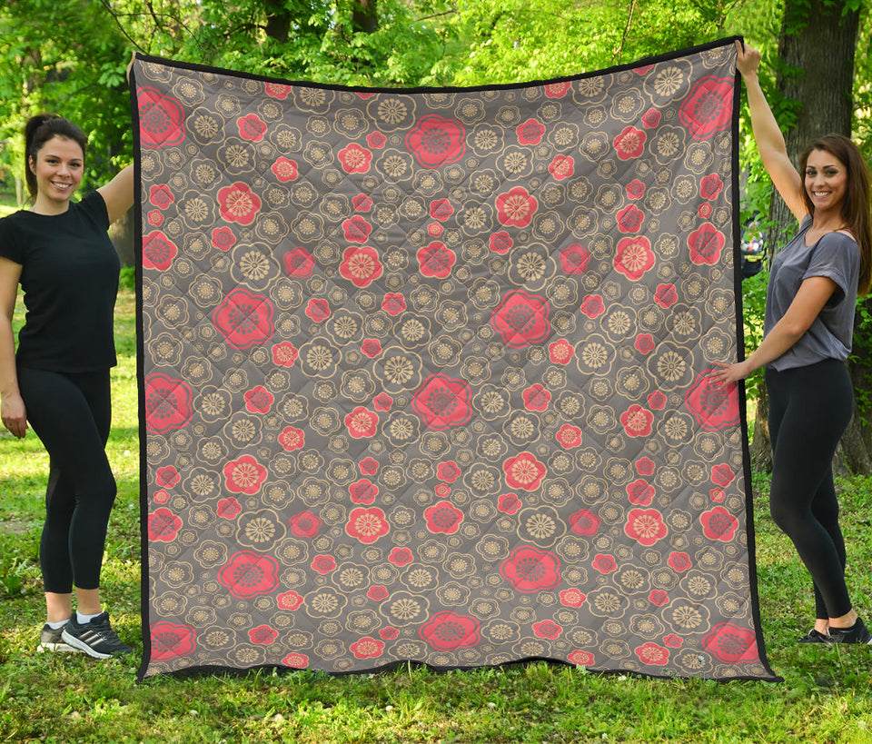 Red Gold Sakura Cherry Blossom Gray Background Premium Quilt