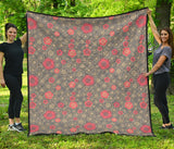 Red Gold Sakura Cherry Blossom Gray Background Premium Quilt