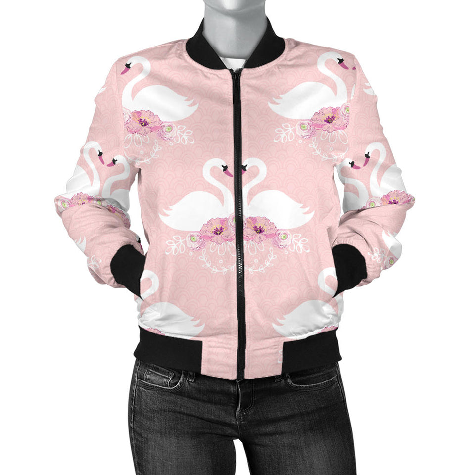 White Swan And Flower Love Pattern Women'S Bomber Jacket