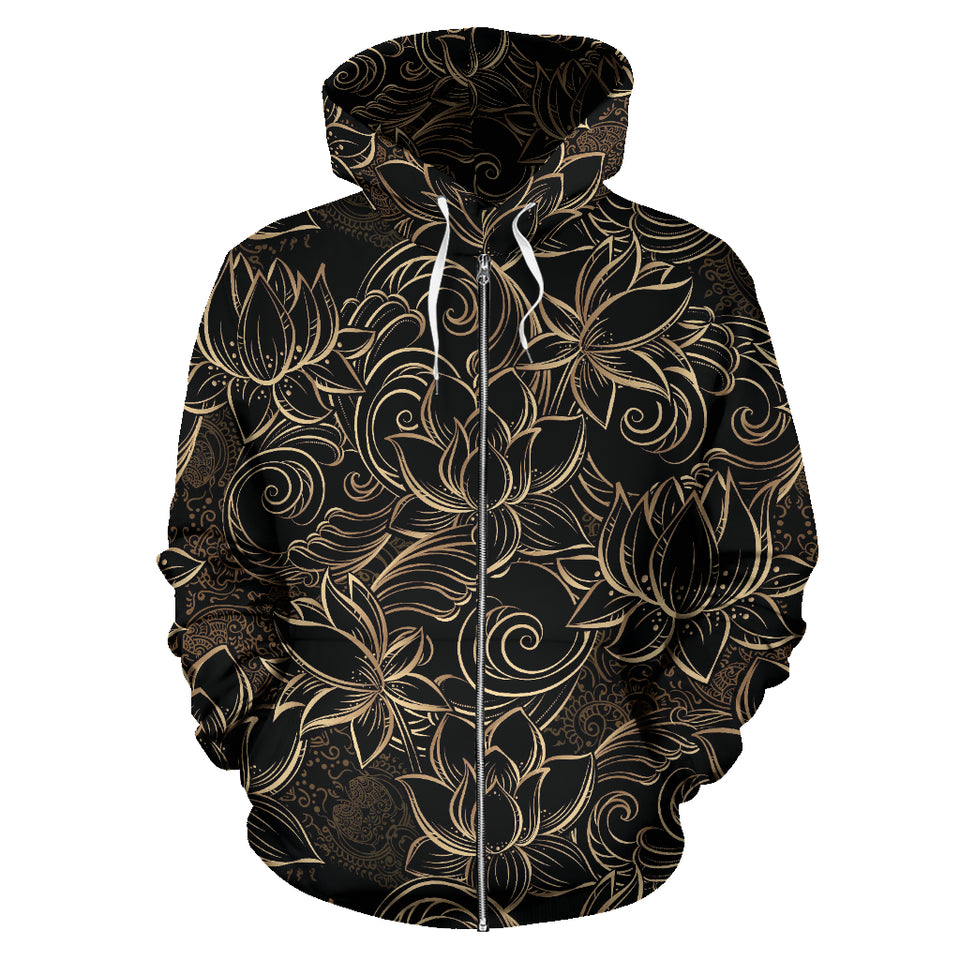 Luxurious Gold Lotus Waterlily Black Background Zip Up Hoodie