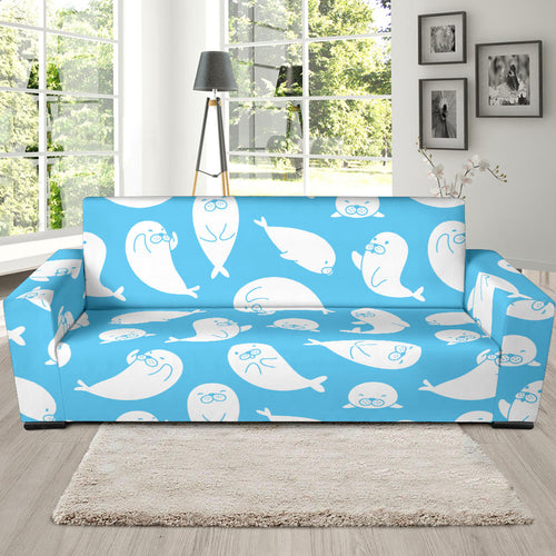 Cute White Sea Lion Seals Pattern Sofa Slipcover