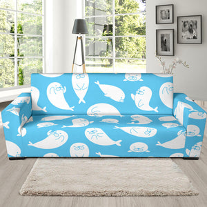 Cute White Sea Lion Seals Pattern Sofa Slipcover