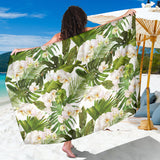 White Orchid Flower Tropical Leaves Pattern Sarong