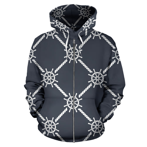 Nautical Steering Wheel Rope Pattern Zip Up Hoodie