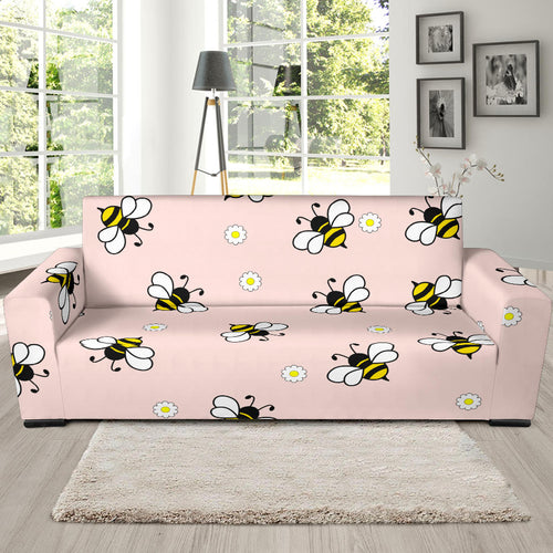 Cute Bee Flower Pattern Pink Background Sofa Slipcover