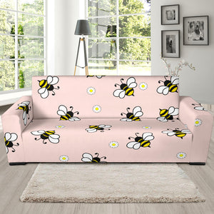 Cute Bee Flower Pattern Pink Background Sofa Slipcover