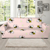 Cute Bee Flower Pattern Pink Background Sofa Slipcover
