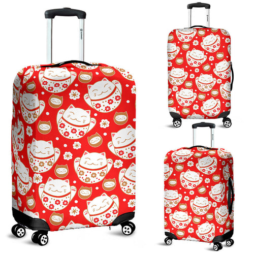 Cute Maneki Neko Lucky Cat Red Background Luggage Covers