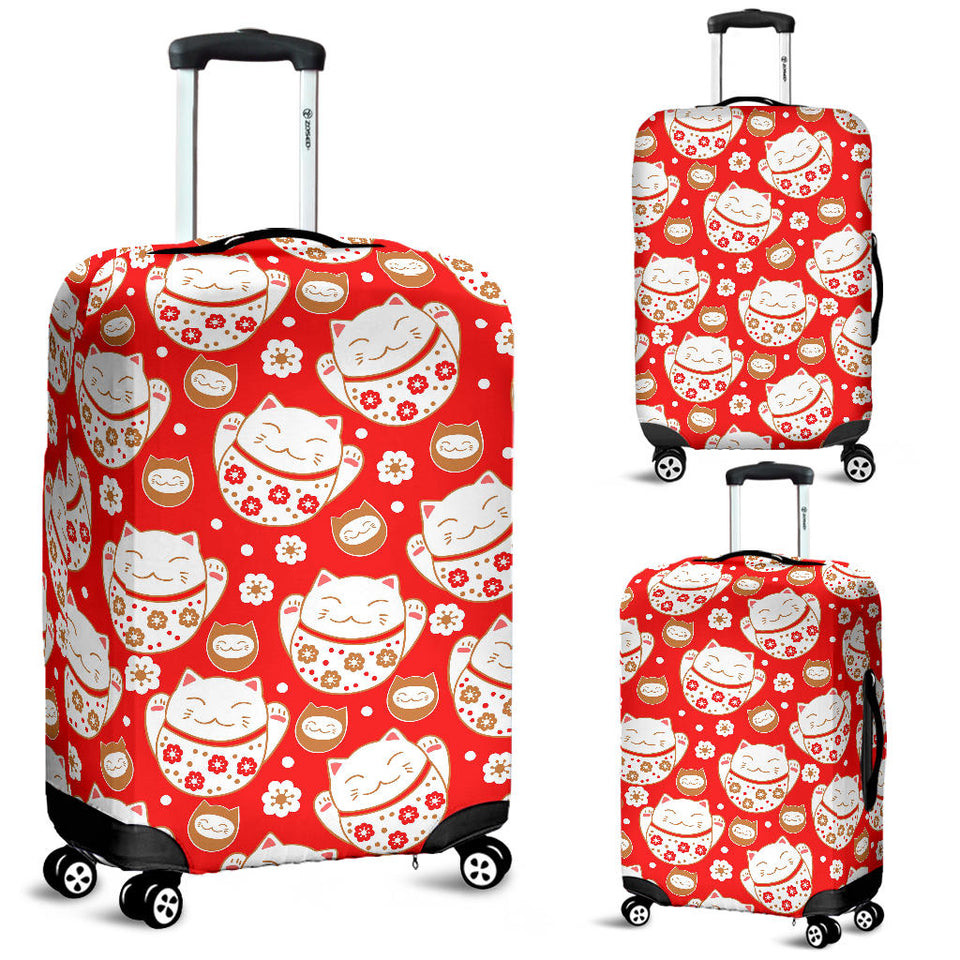 Cute Maneki Neko Lucky Cat Red Background Luggage Covers