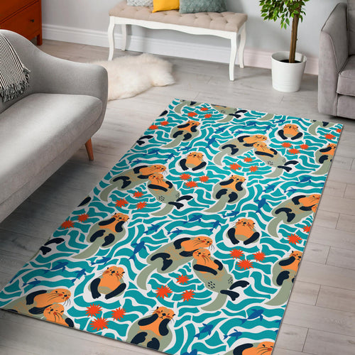 Cute Sea Otters Fishe Sea Urchin Pattern Area Rug