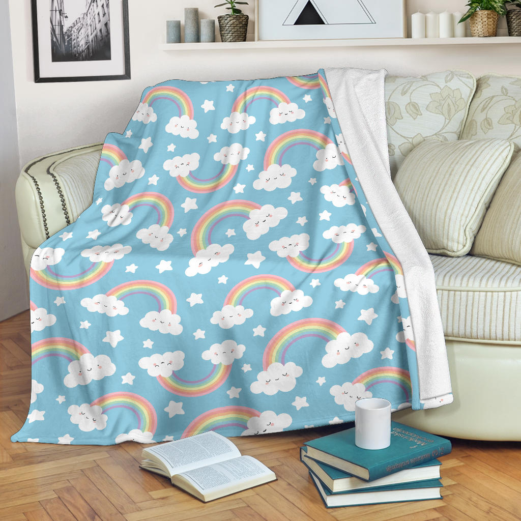 Cute Rainbow Clound Star Pattern Blue Background Premium Blanket