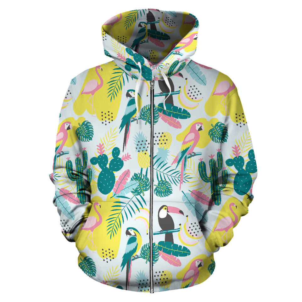 Cute Parrot Toucan Flamingo Cactus Exotic Leaves Pattern Zip Up Hoodie