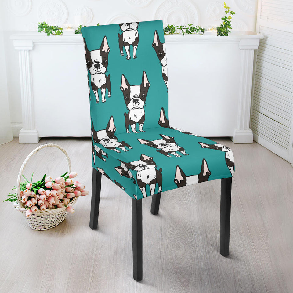 Hand Drawn Boston Terrier Dog Pattern Dining Chair Slipcover