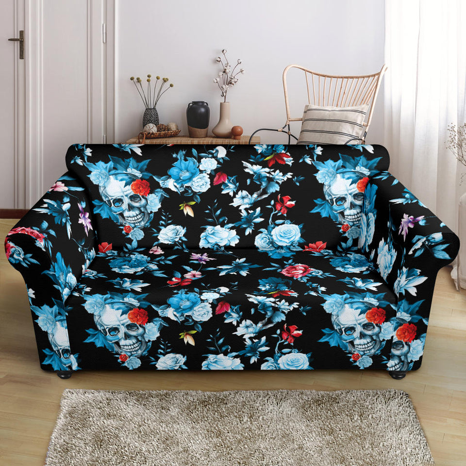 Skull Flower Roses Leave Pattern Loveseat Couch Slipcover