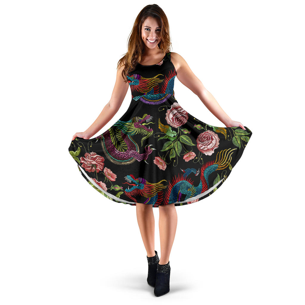 Dragons Flower Pattern Sleeveless Midi Dress