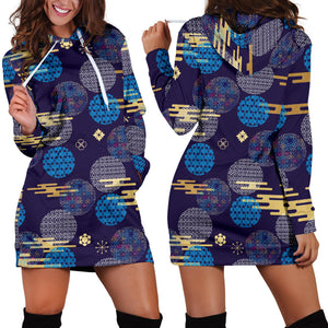 Blue Japanese Pattern Cloud Wave Flower Women'S Hoodie Dress