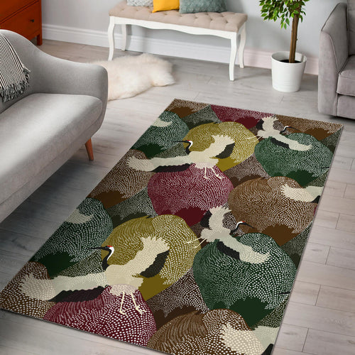 Japanese Cranes Flying Forest Dot Pattern Area Rug