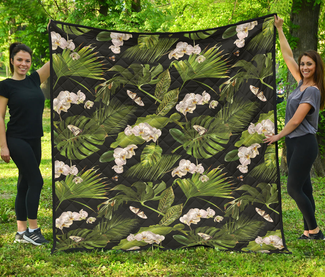 White Orchid Flower Tropical Leaves Pattern Blackground Premium Quilt